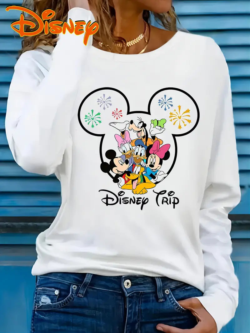 Disney Women's Long Sleeve Crew Neck T-Shirt - Minnie Mickey Donald Duck Goofy Graphic Print,