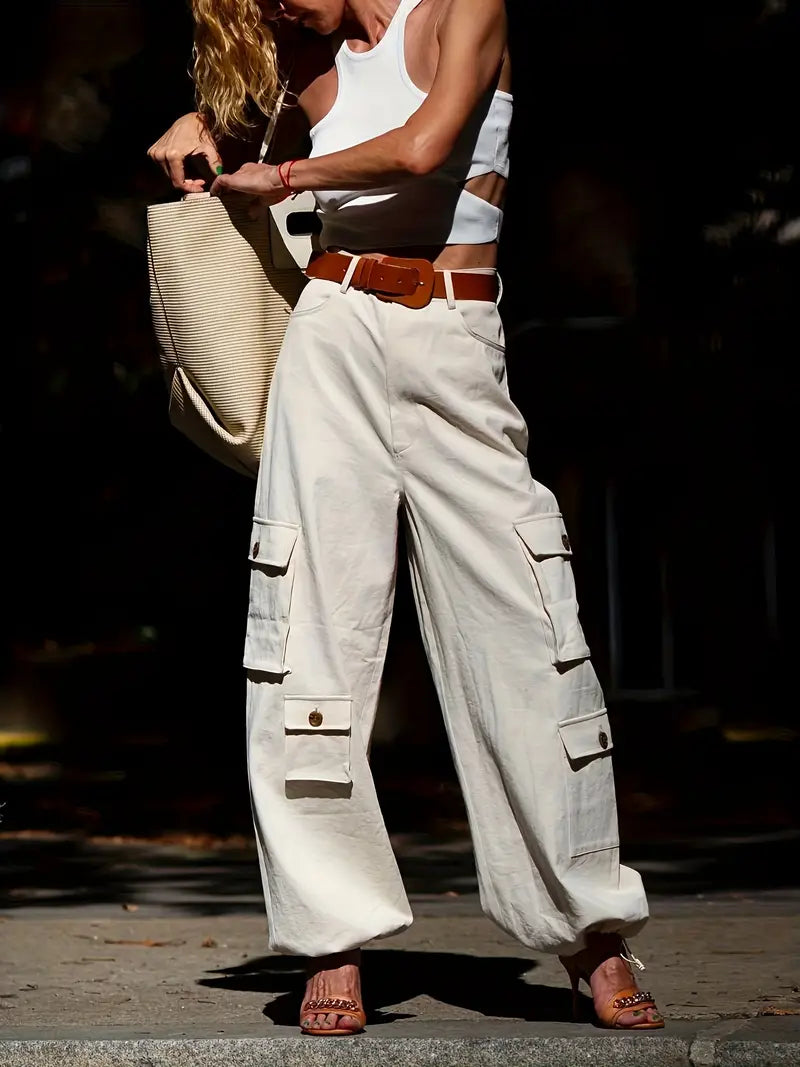 Multiple Pockets, Casual Beige Trousers, No Belt, All-Season Comfort, Smooth Texture Fabric