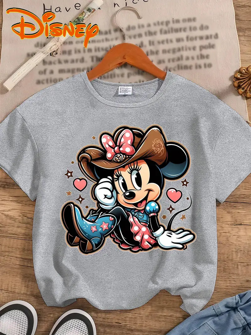 Disney Women's Minnie Mouse Graphic Print T-Shirt - Black Casual Crew Neck Short Sleeve, Soft