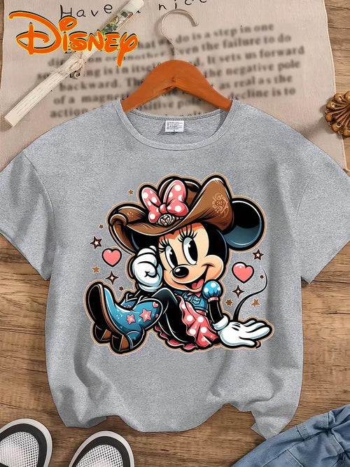 Disney Women's Minnie Mouse Graphic Print T-Shirt - Black Casual Crew Neck Short Sleeve, Soft